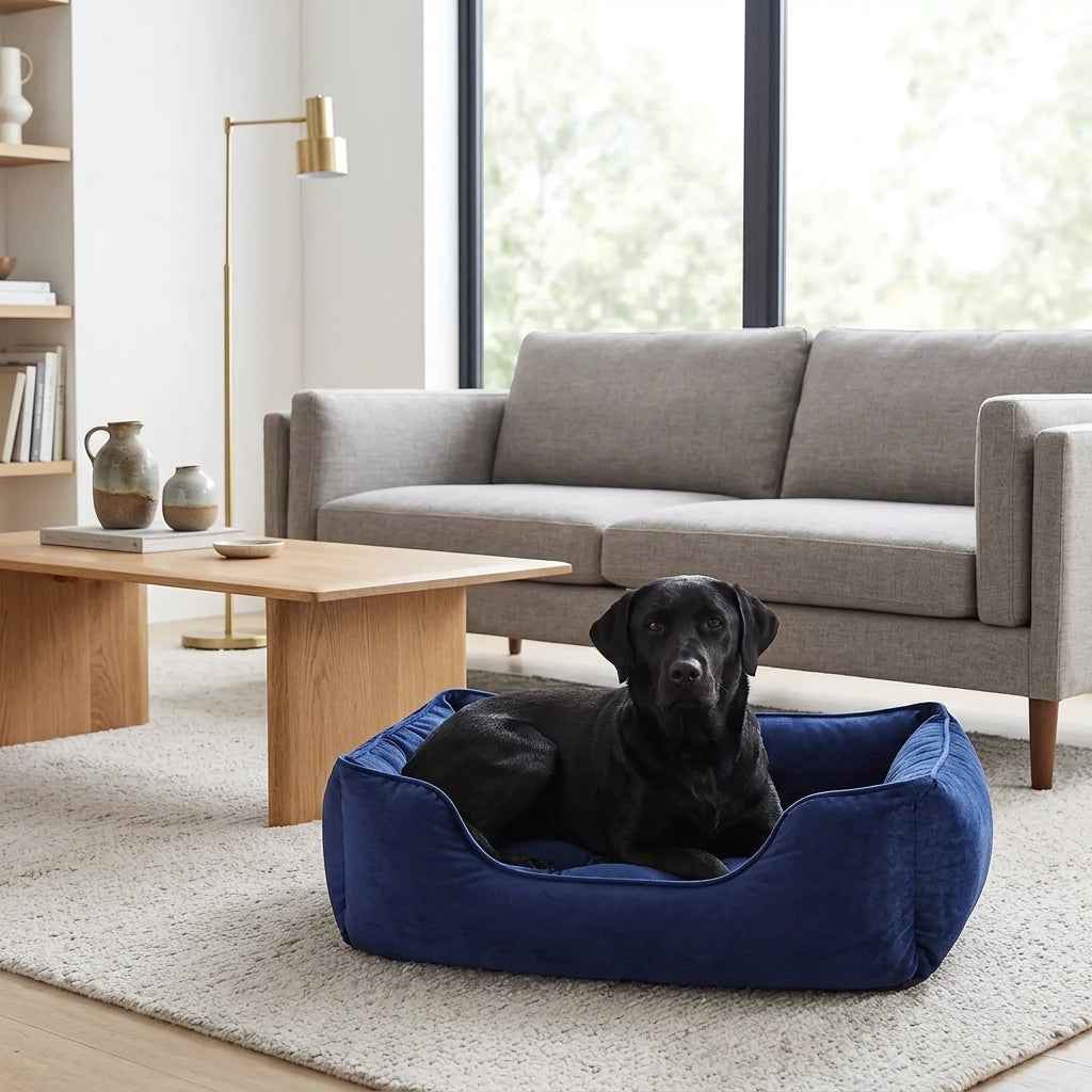 Blue velvet pet nest bed with cushioned rim, black dog lying inside