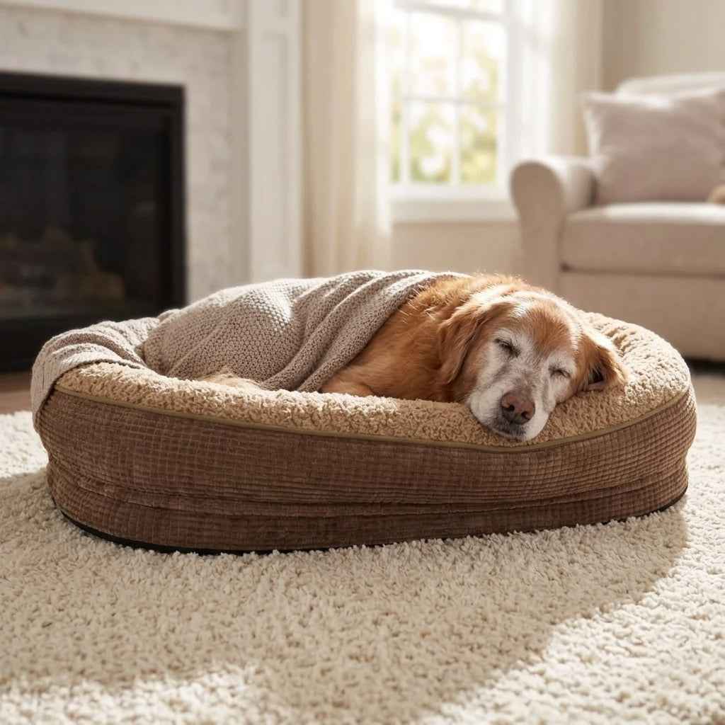 Round four-sided bolster dog bed in dark brown with beige cushion, tan dog sleeping.