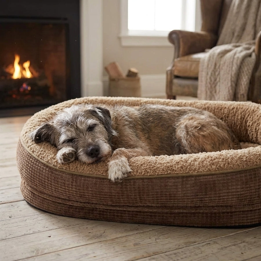 Round four-sided bolster dog bed with dark brown sides and beige top, gray dog stretched out.