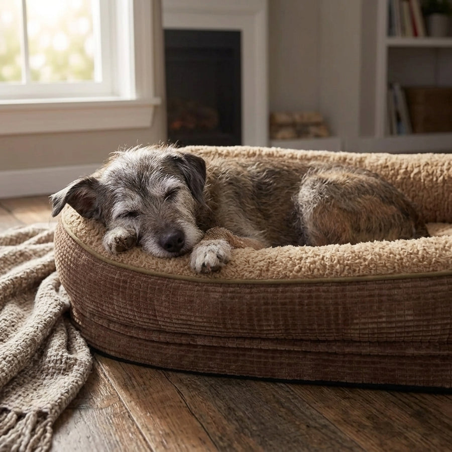 Round four-sided bolster dog bed with dark brown base and beige top, gray dog resting.