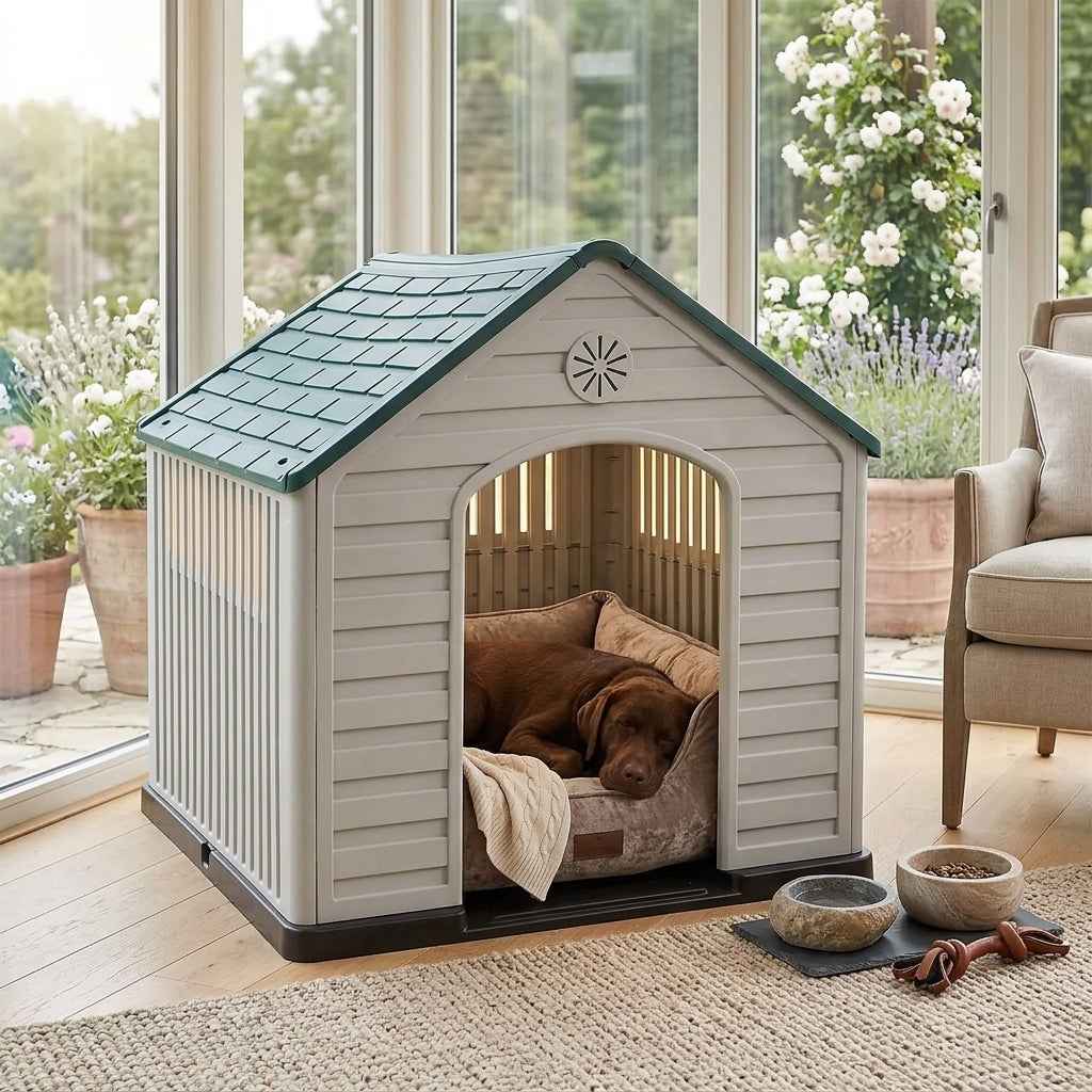 White plastic dog house with green roof and arched front; dog resting on bed