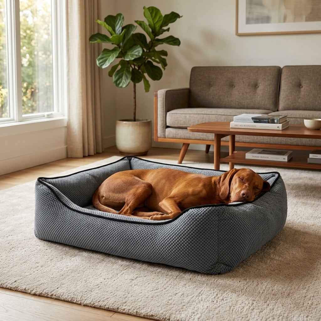 Textured plush dog bed in dark gray with black trim; brown dog lying on its side.