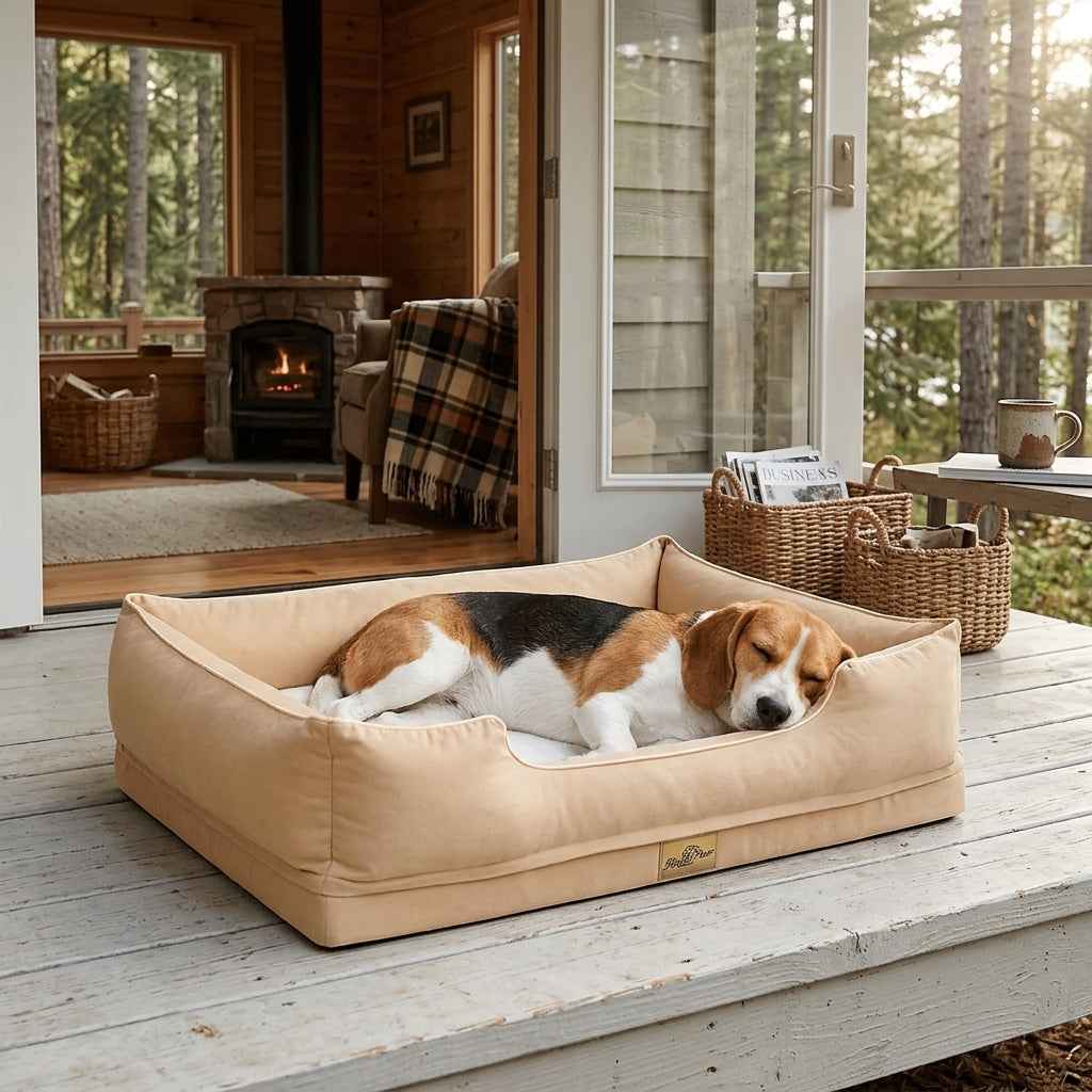 Beige waterproof bolster crate bed with a brown-and-white dog lying inside