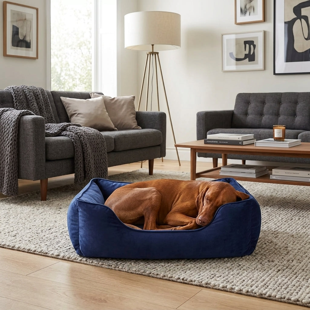 Blue velvet pet nest bed with rolled rim, brown dog resting inside