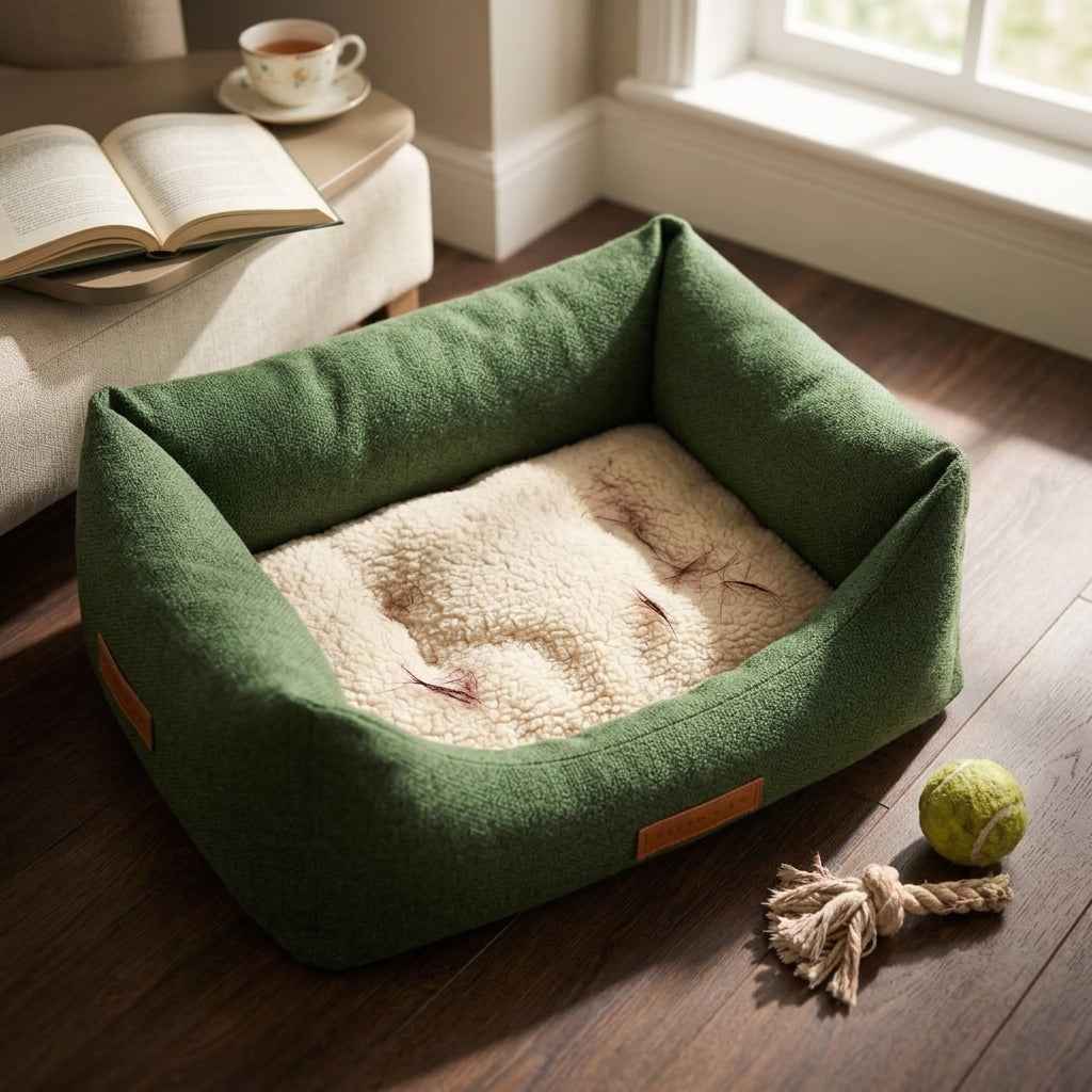 Green sherpa-lined pet nest bed with cream plush interior and low rounded sides