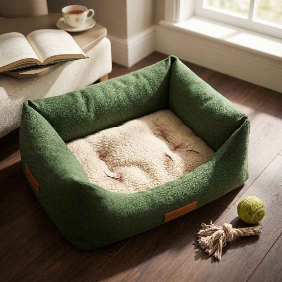 Green sherpa-lined pet nest bed with cream plush interior and low rounded sides