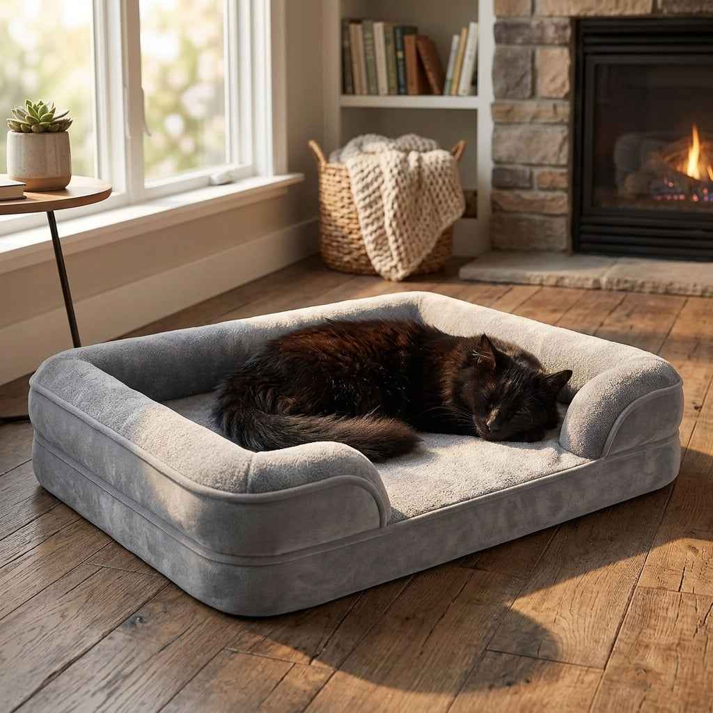 Gray orthopaedic dog bed with raised bolstered sides and plush cushion, with a sleeping dog.