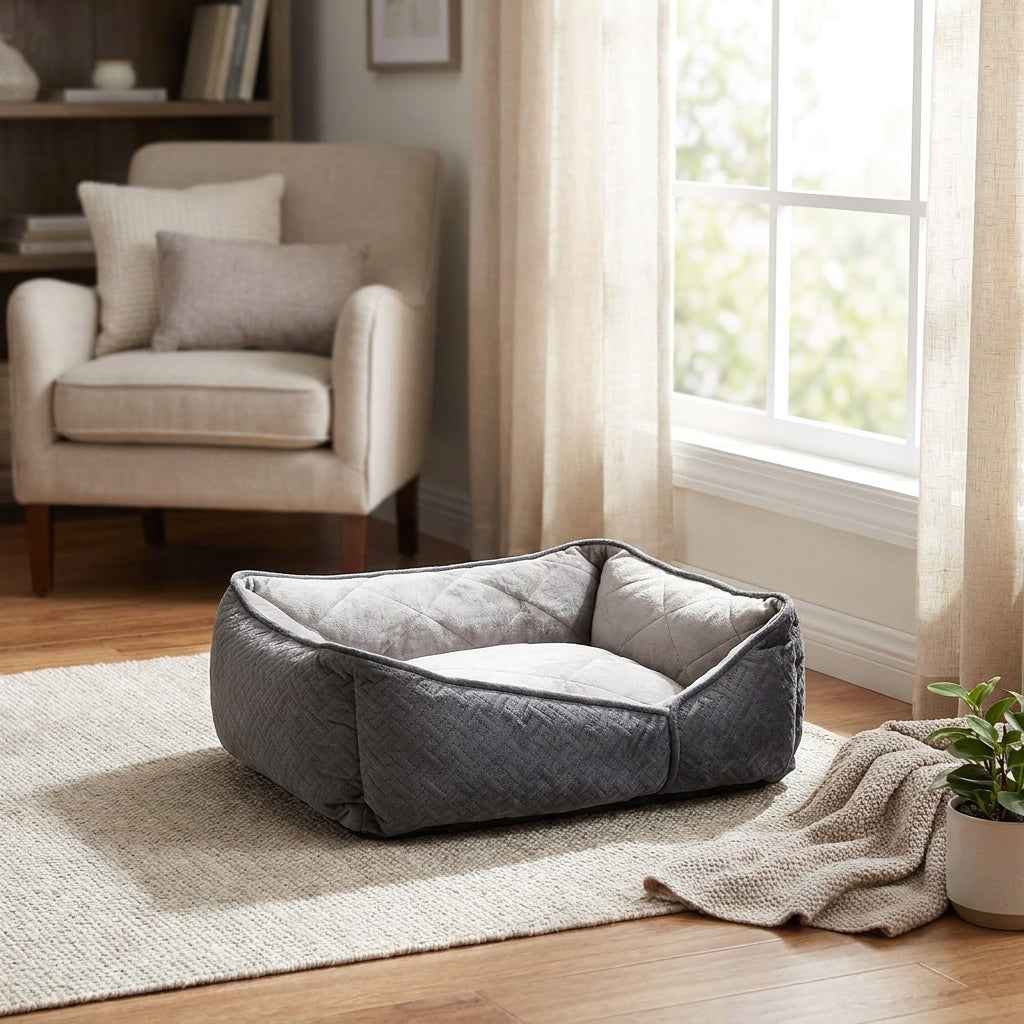 Flat orthopaedic dog bed with gray cushioned sides and quilted bolster edge