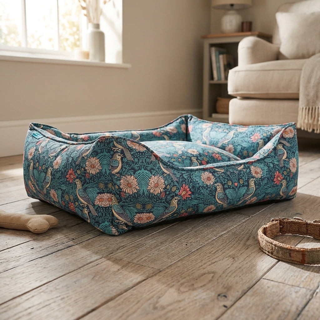 Floral bolster pet bed in teal-blue with curved bolster sides and stitched edge