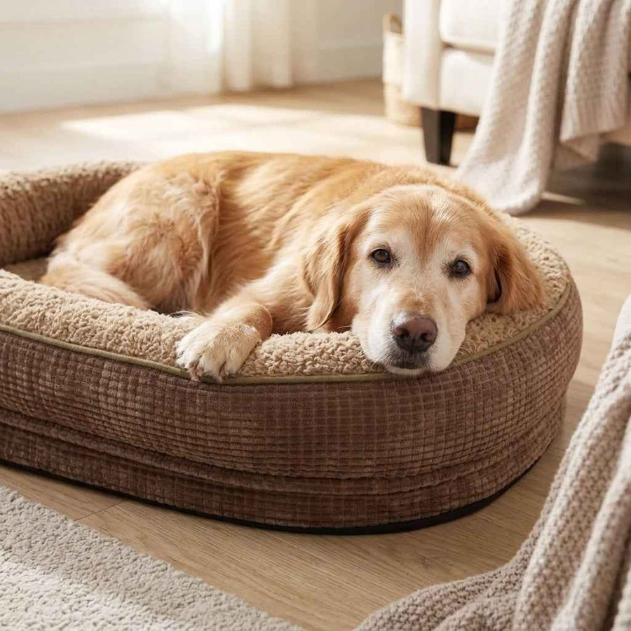 Round four-sided bolster dog bed with dark brown base and beige bolster, tan-and-white dog resting.