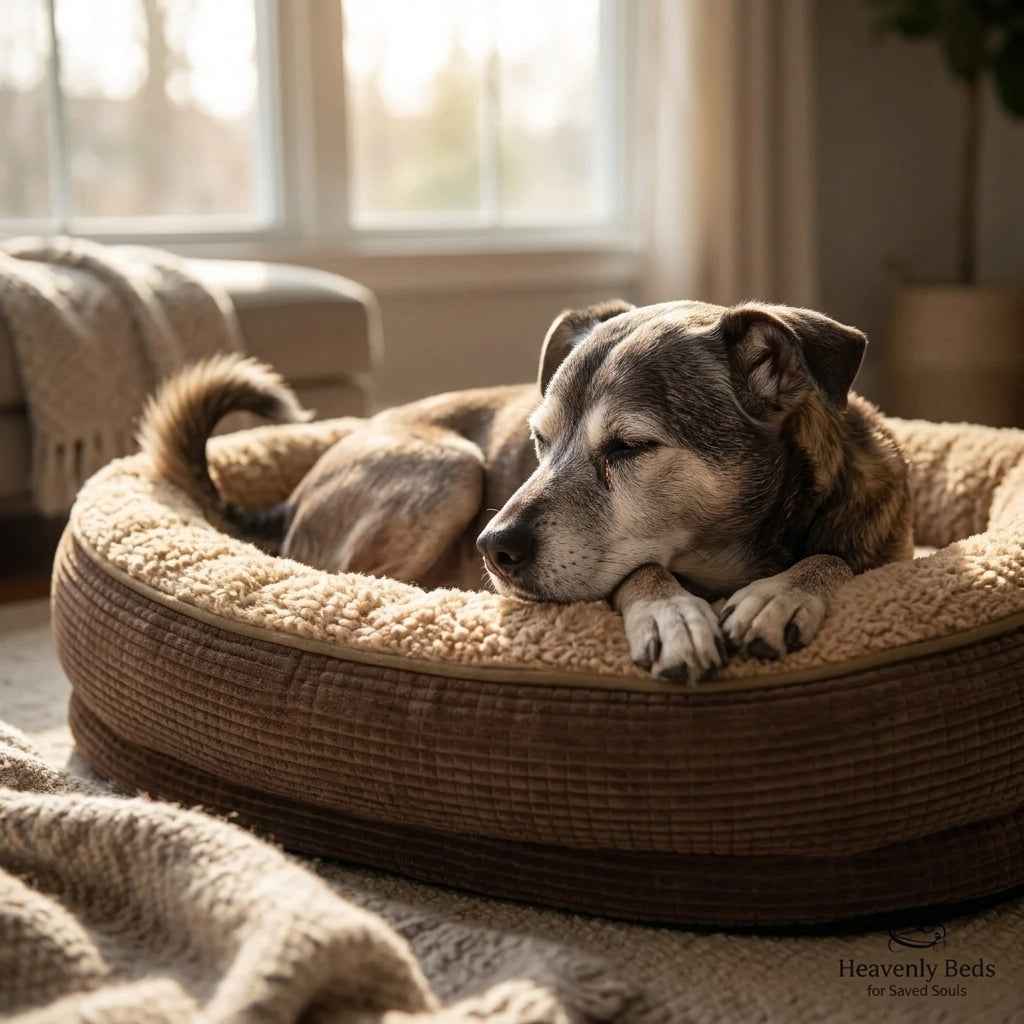 Round four-sided bolster dog bed with beige top and dark brown sides, black dog lying.