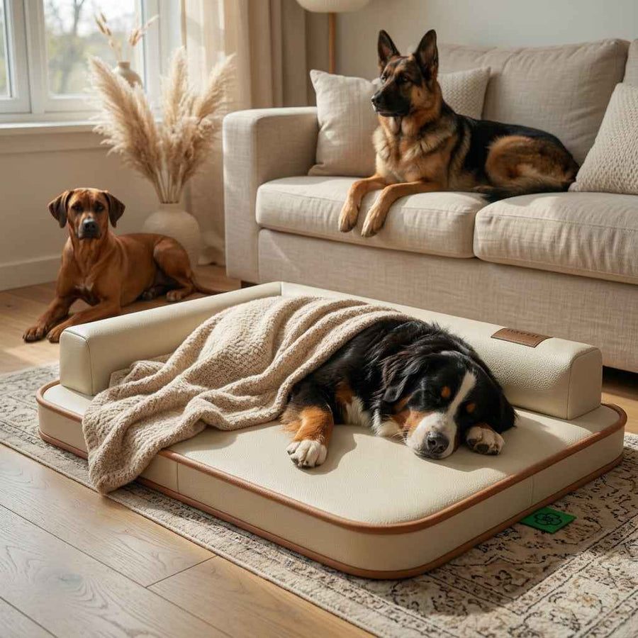 Waterproof dog bed mat with beige cushion and brown trim, dog lying on the cushion.