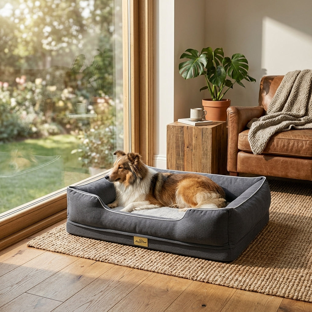 Gray bolster dog sofa bed beside a window with dog lying along the base
