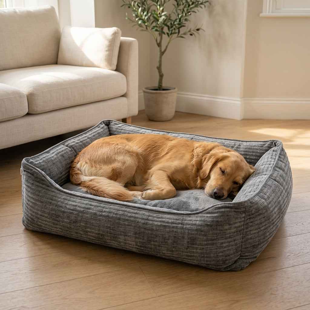 Gray corduroy orthopaedic pet bed with cushioned bolsters and textured fabric; dog curled up