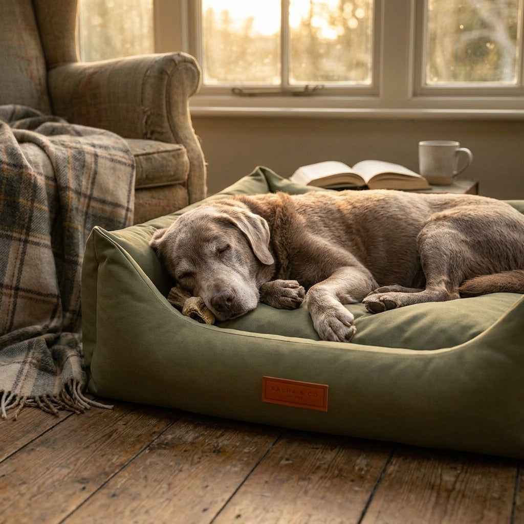 Olive waterproof dog nest bed with brown logo patch, sleeping dog curled on cushion