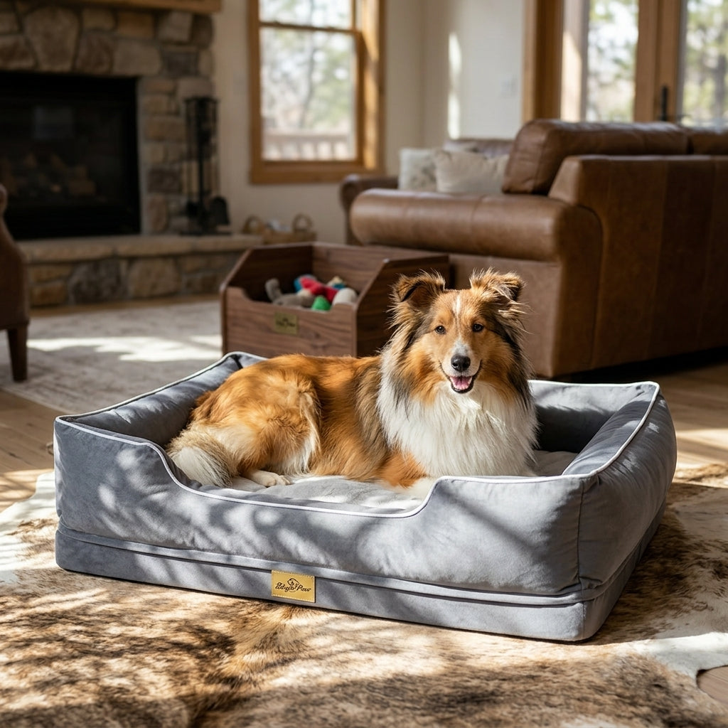 Gray bolster dog sofa bed with dog lying inside the open cushion area