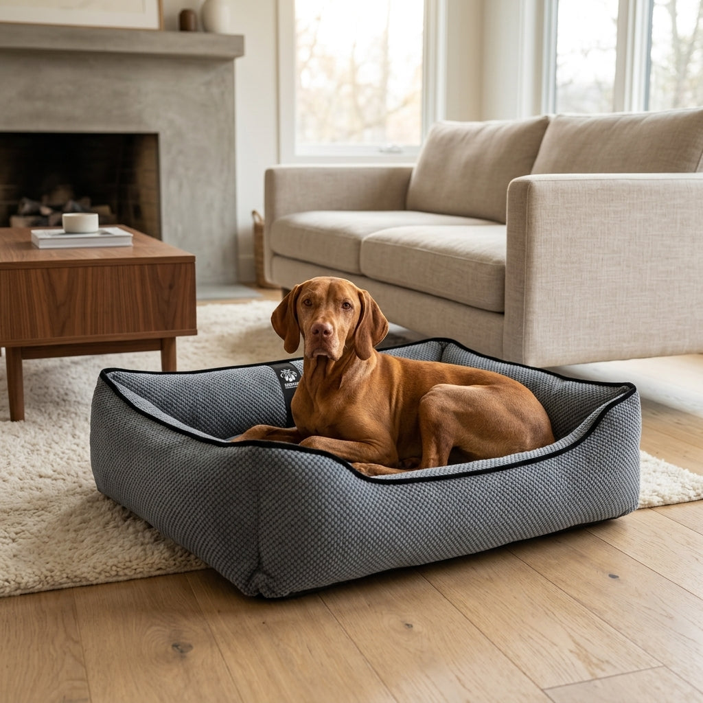 Textured plush dog bed in dark gray with black trim; tan dog lying facing forward.