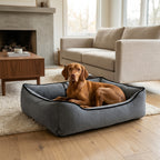 Textured plush dog bed in dark gray with black trim; tan dog lying facing forward.