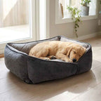 Gray flat orthopaedic dog bed with a tan dog resting inside