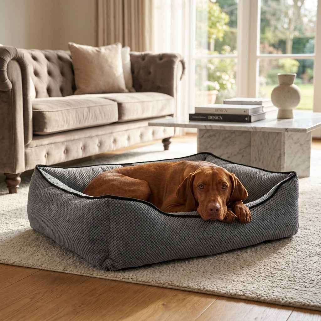Textured plush dog bed in dark gray with black trim; brown dog lying near the edge.