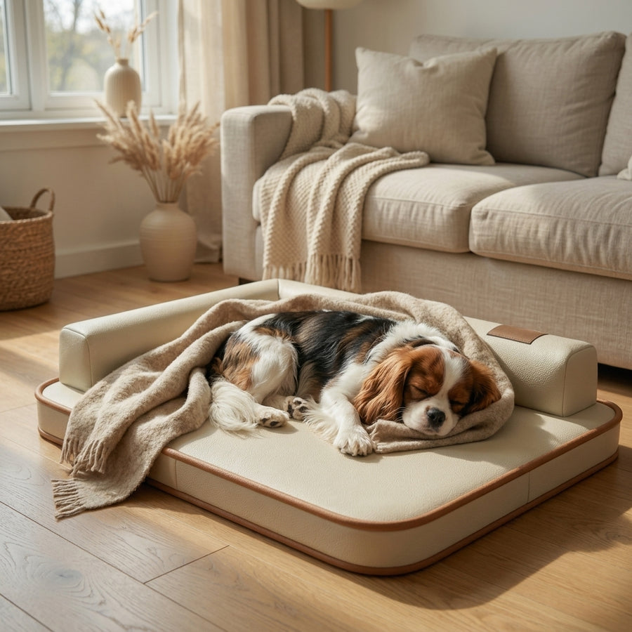 Waterproof dog bed mat with beige cushion and brown trim, two dogs sleeping together.