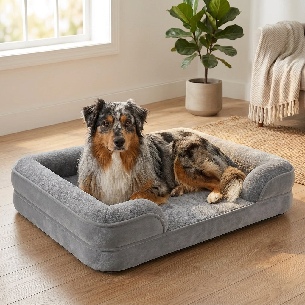 Gray orthopaedic dog bed with raised bolstered sides and plush cushion, with a lying dog.