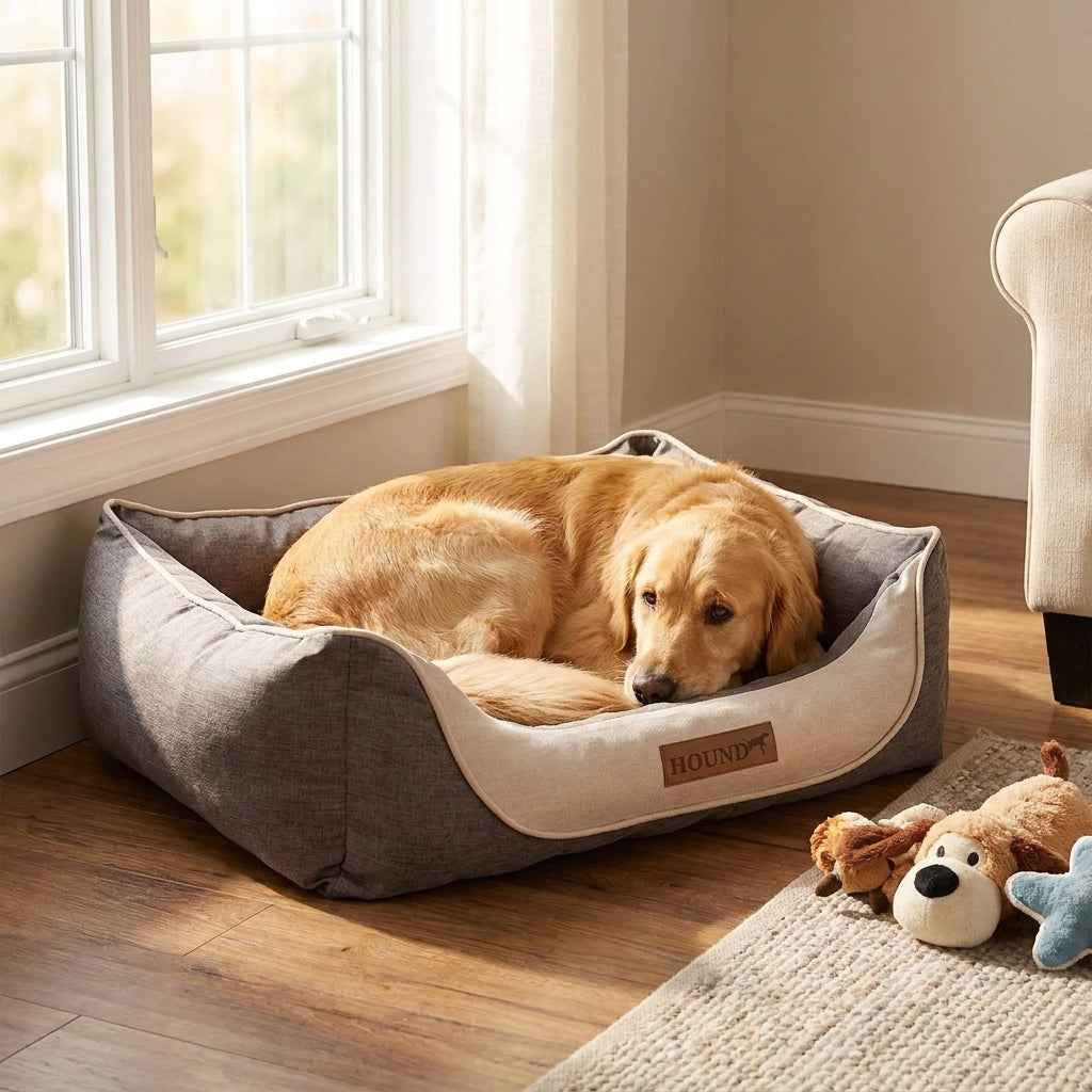 Gray fabric dog bed with beige lining and HOUND logo patch, resting dog inside