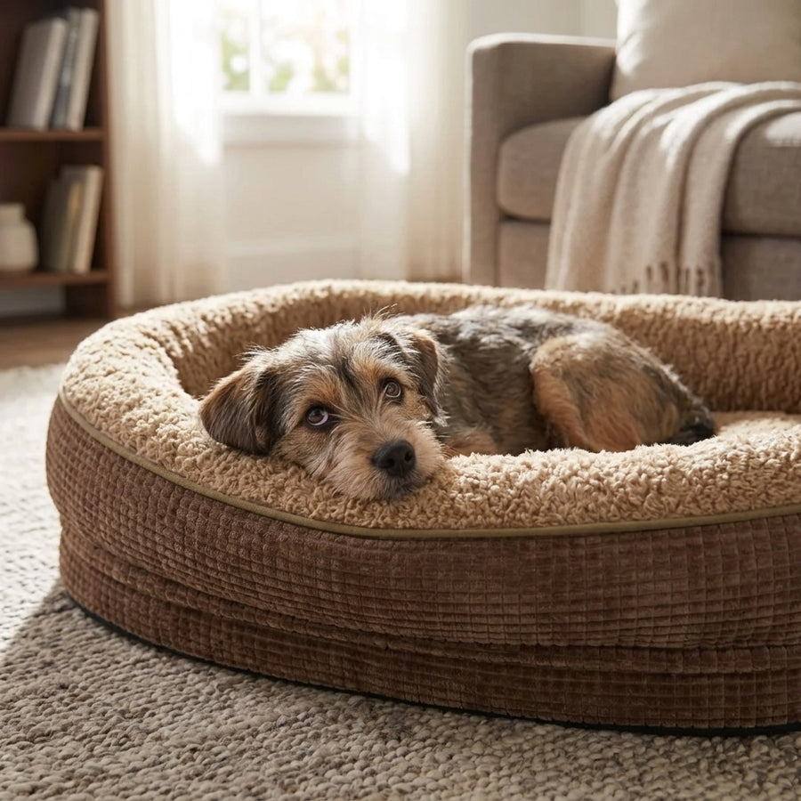 Round four-sided bolster dog bed in dark brown with beige cushion, tri-color dog curled up.