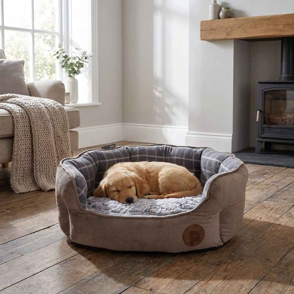 Round taupe dog bed with plaid inner cushion, gray plush liner, and sleeping dog