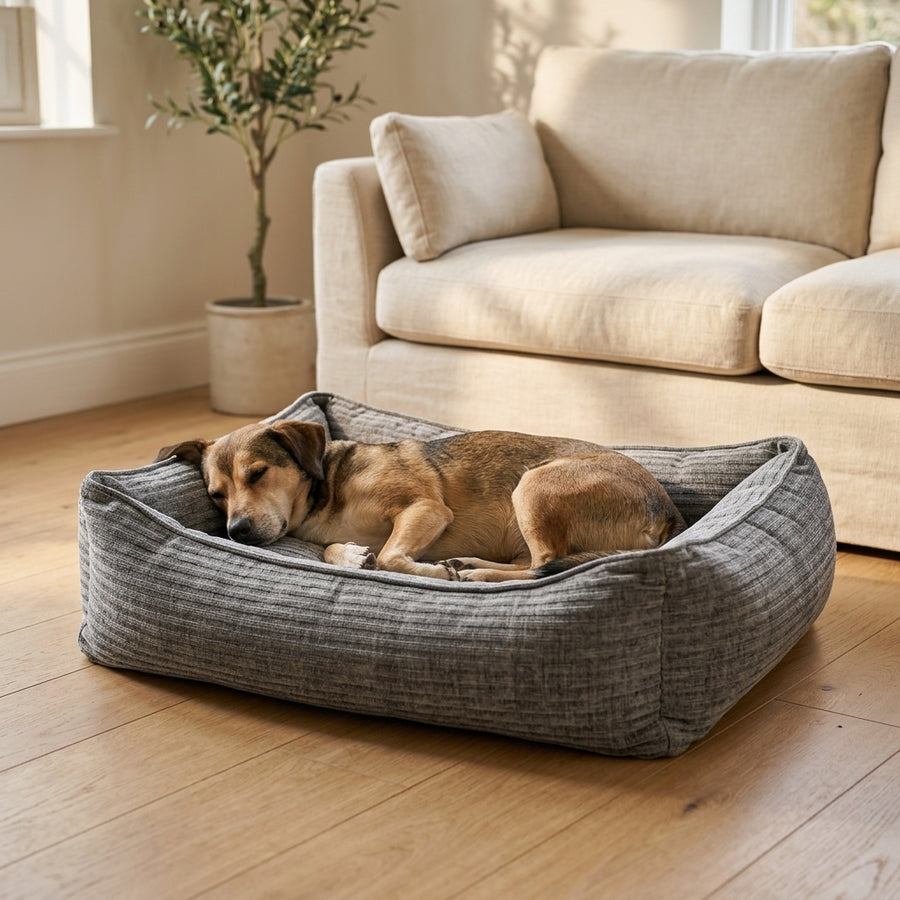 Gray corduroy orthopaedic pet bed with cushioned bolsters and textured fabric; dog lying inside