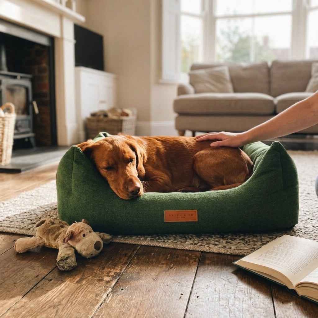 Green sherpa pet nest bed with brown dog lying inside and small plush toys nearby