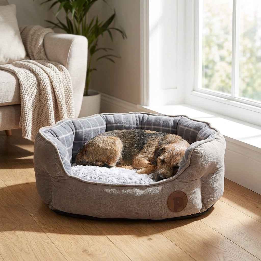Round taupe dog bed with plaid inner cushion and gray plush liner, dog resting