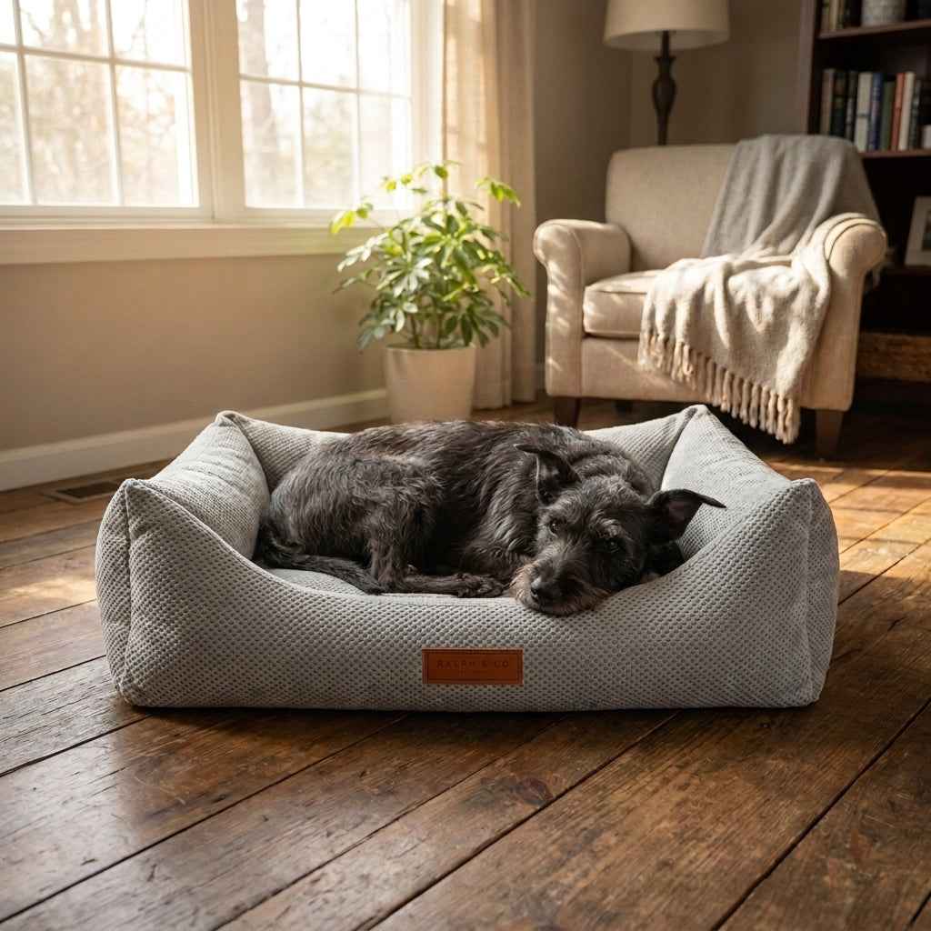 Light gray plush orthopaedic dog bed with dark cushion, dog curled inside