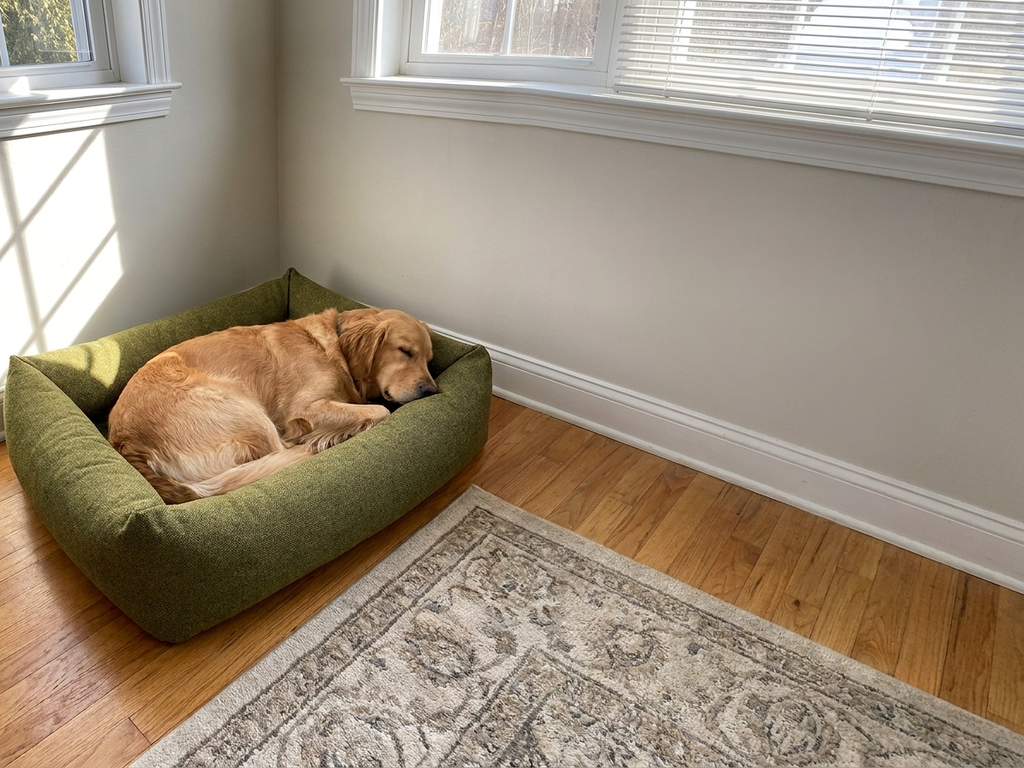 Memory foam dog bed with green fabric cover and raised padded sides, with a sleeping dog.