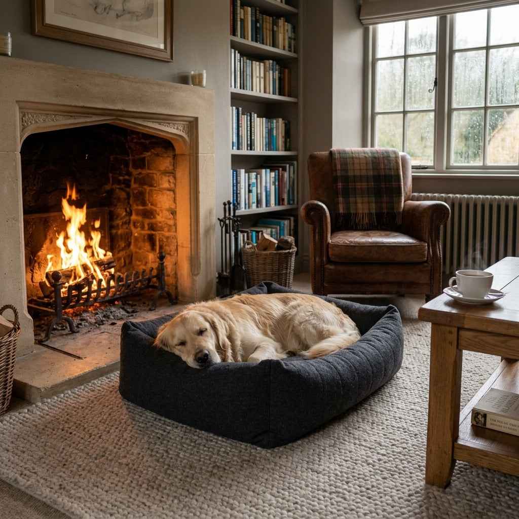 Dark gray round pet nest bed with thick high walls, with a large dog lying inside