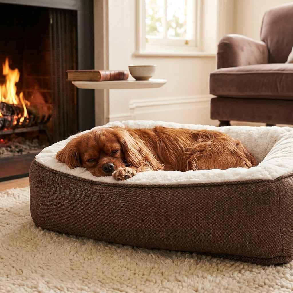 Taupe dog memory foam mattress bed with rounded corners and bolstered sides