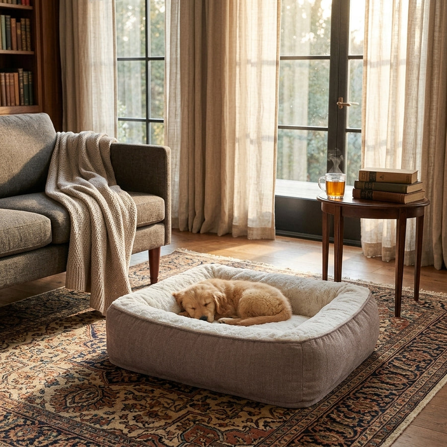 Taupe memory foam dog bed with low profile, placed on patterned rug