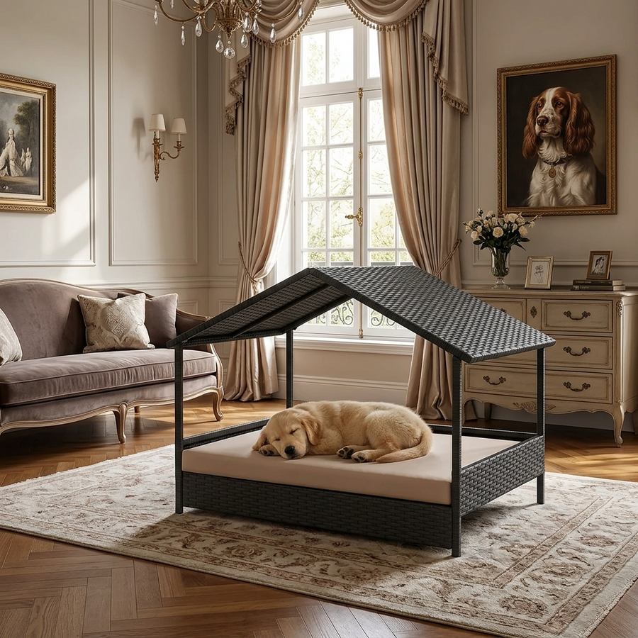 Rattan dog house with slanted canopy and cushioned bed, dark woven panel base