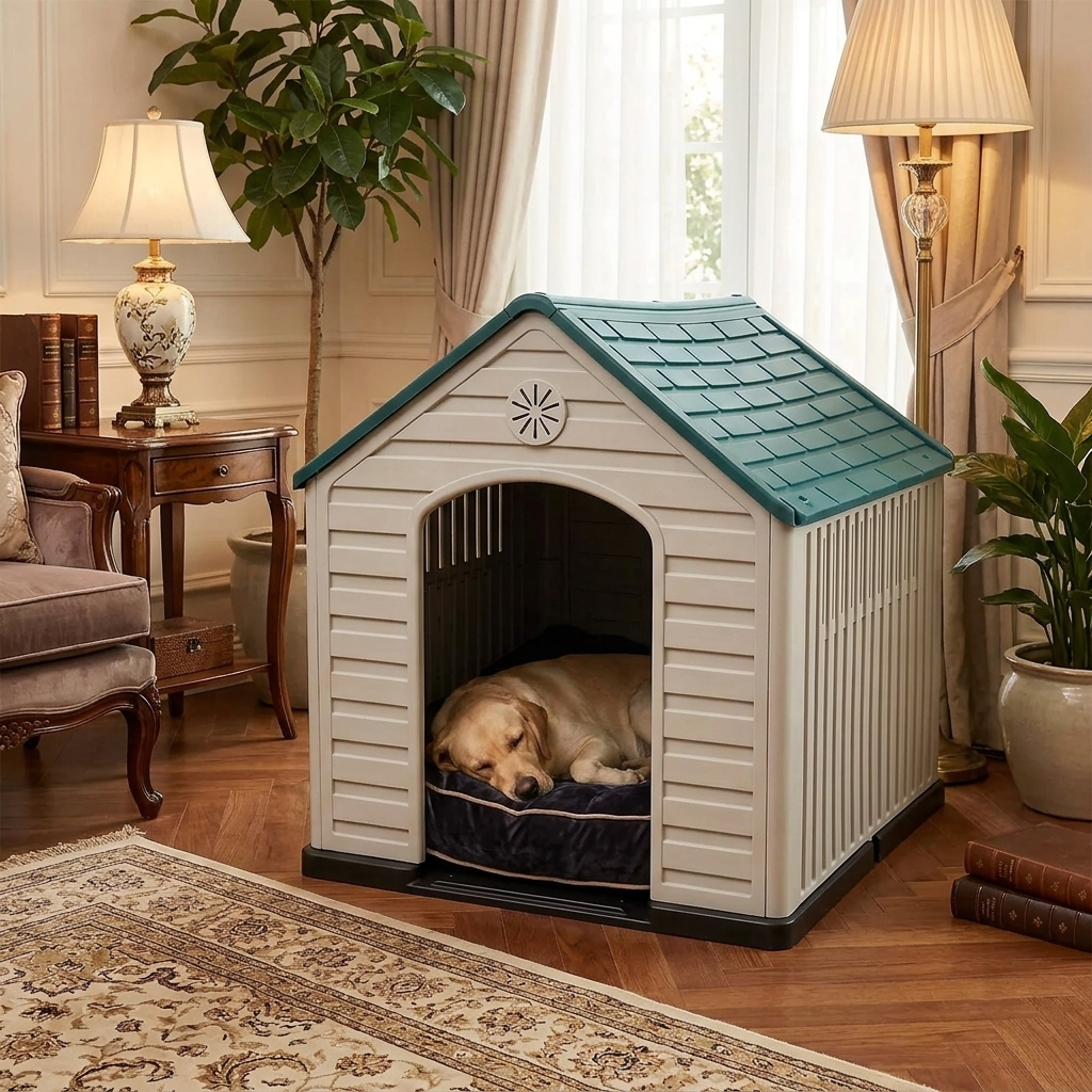 White plastic dog house with green roof and arched entrance; dog lying inside