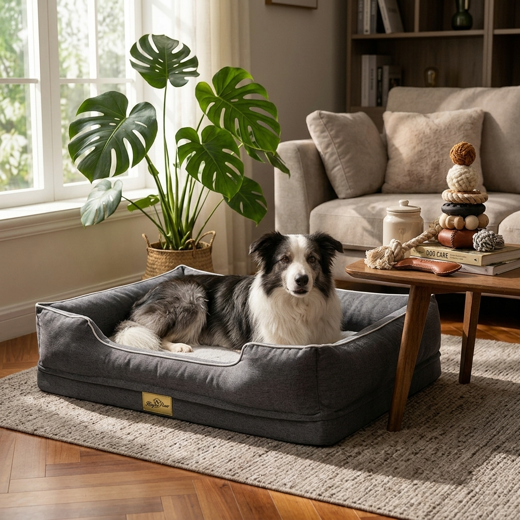 Gray padded bolster dog sofa bed with dog resting in the center tray