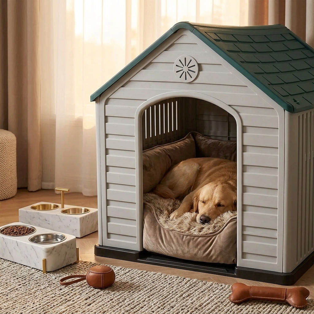 White plastic dog house with green roof, arched doorway, and plush bed; dog resting
