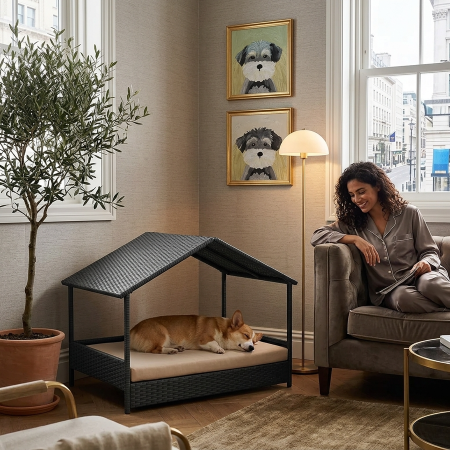 Rattan dog house with canopy roof and cushioned bed, open entry on dark woven base