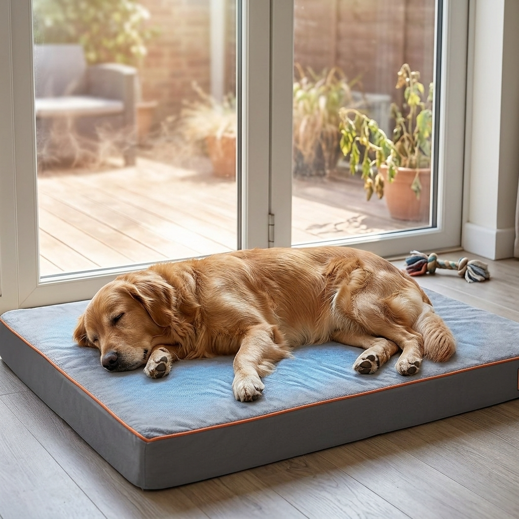 Orthopaedic memory foam dog mattress with blue-gray sleeping surface and orange piping